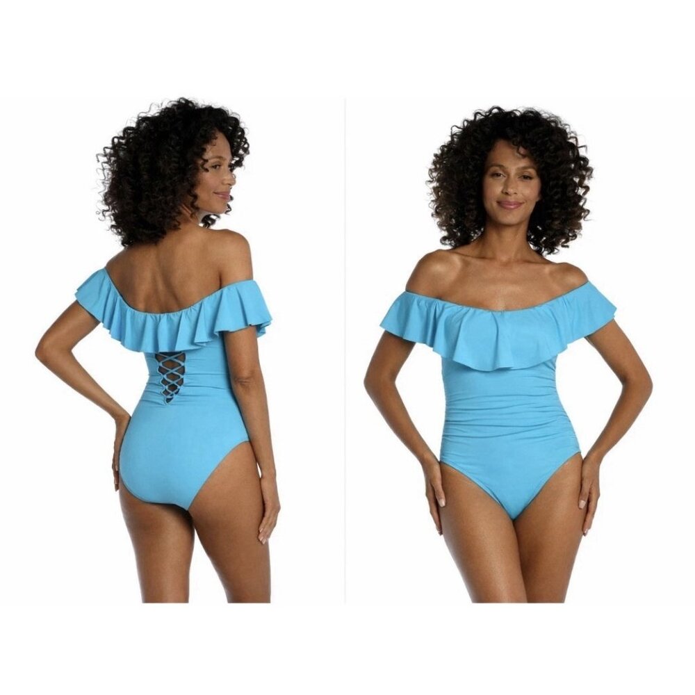 La Blanca Blue Goddess Off Shoulder Ruffle One Piece Swimsuit L11432 Size 8 $135
